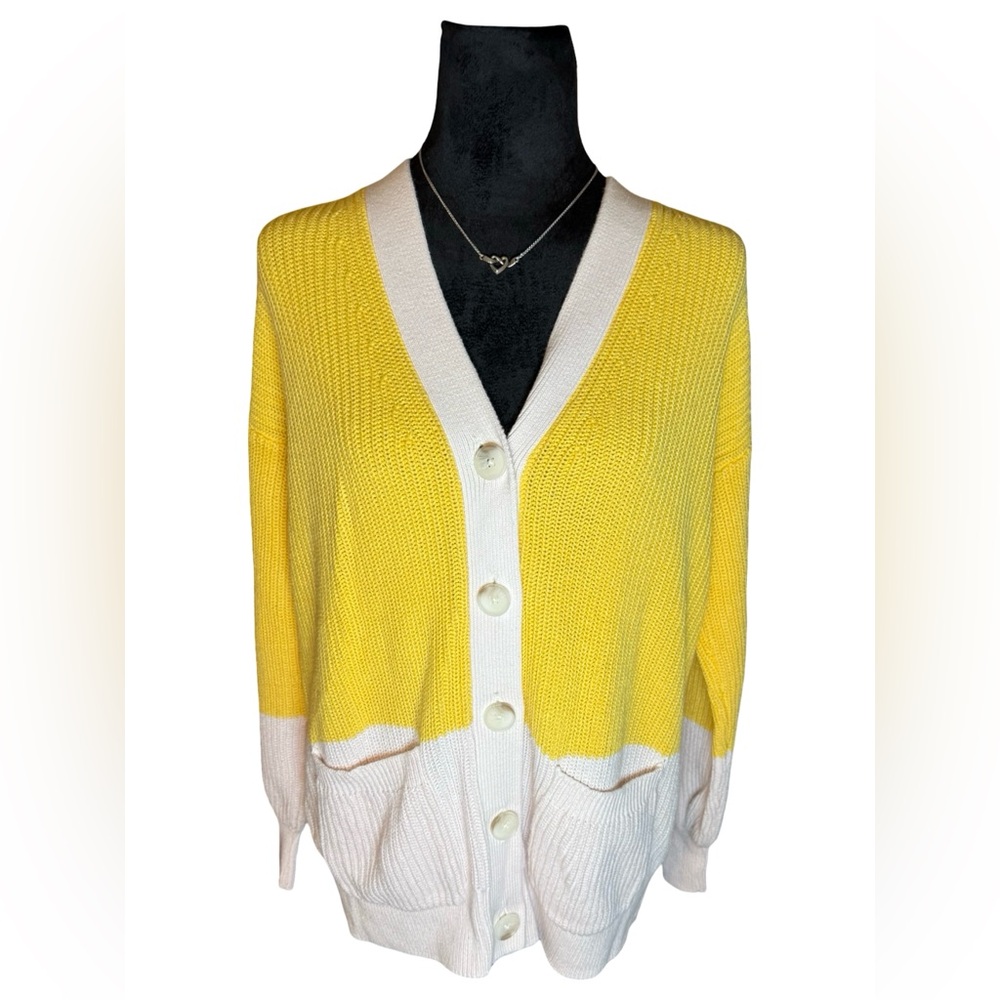 LOFT Colorblock Yellow & White Button-Front Cardigan, Size M, Excellent Used C
